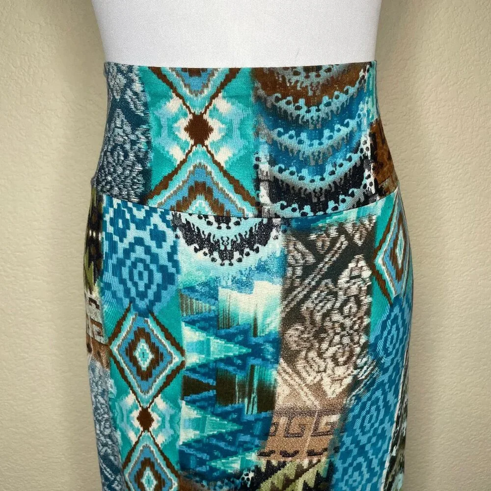 Wet Seal Maxi Skirt XL Teal Brown Geometric Tribal Print Rayon Spandex Stretch